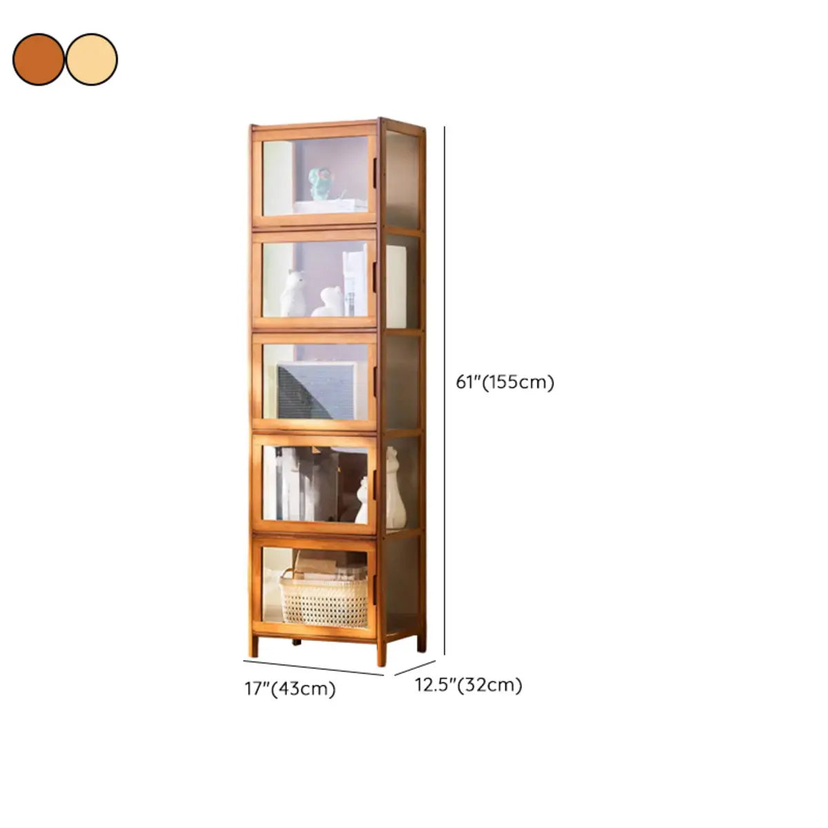 Modern Rectangular Glass Doors Bamboo Narrow Bookcase Image - 20