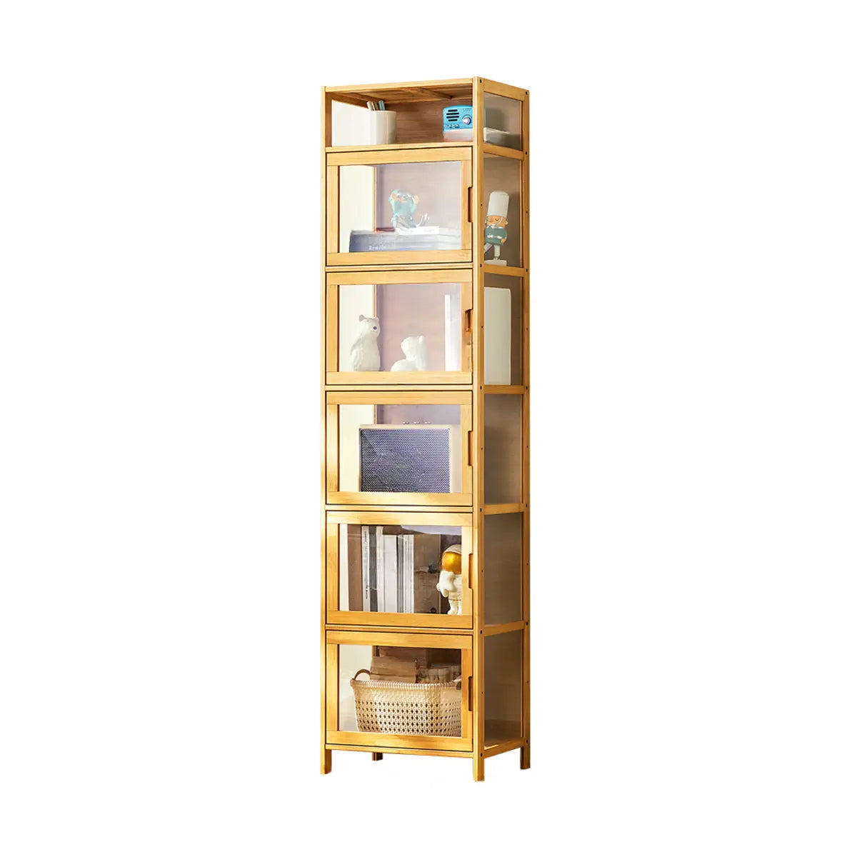 Modern Rectangular Glass Doors Bamboo Narrow Bookcase Image - 5