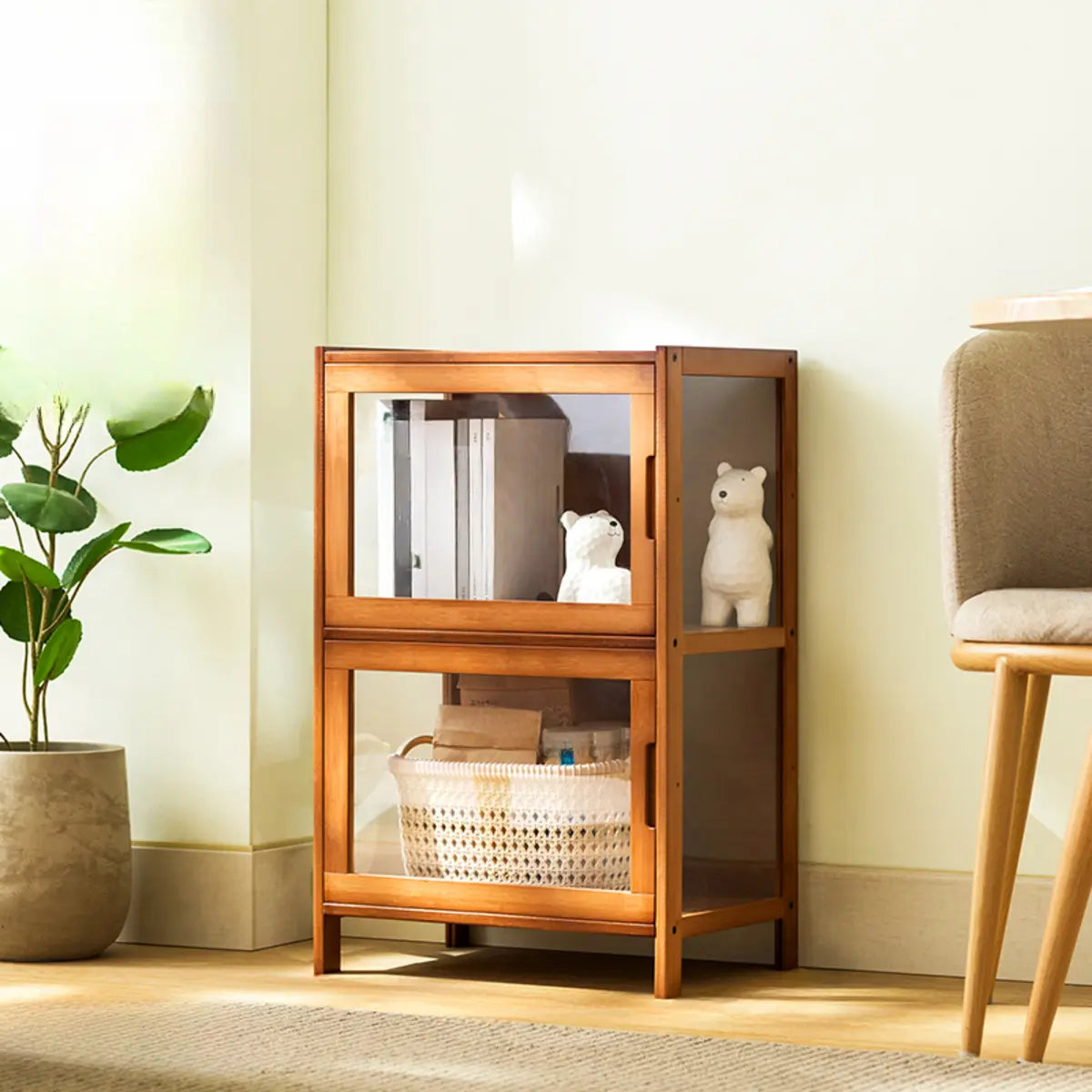 Modern Rectangular Glass Doors Bamboo Narrow Bookcase Image - 7