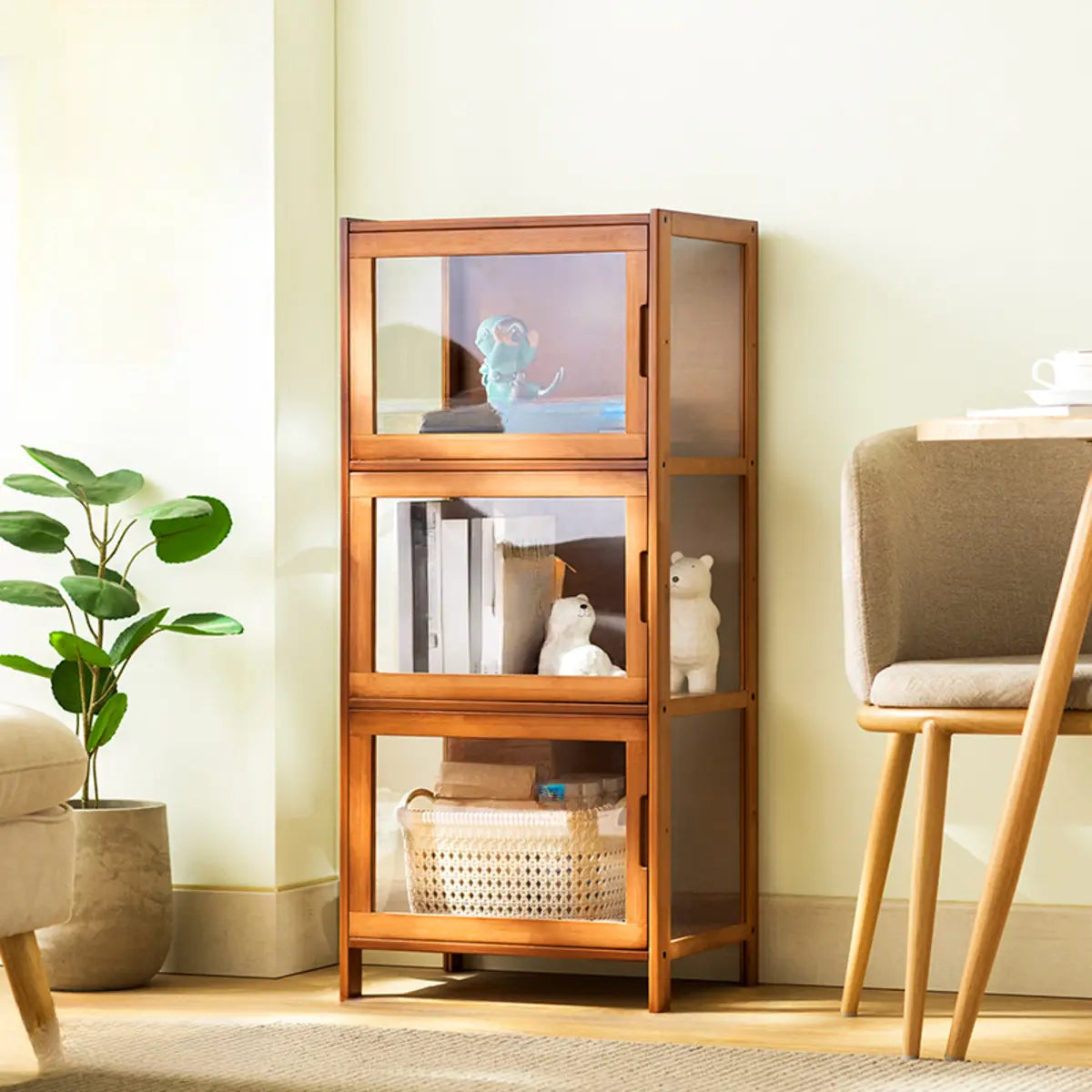 Modern Rectangular Glass Doors Bamboo Narrow Bookcase Image - 8