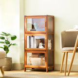 Modern Rectangular Glass Doors Bamboo Narrow Bookcase Image - 8