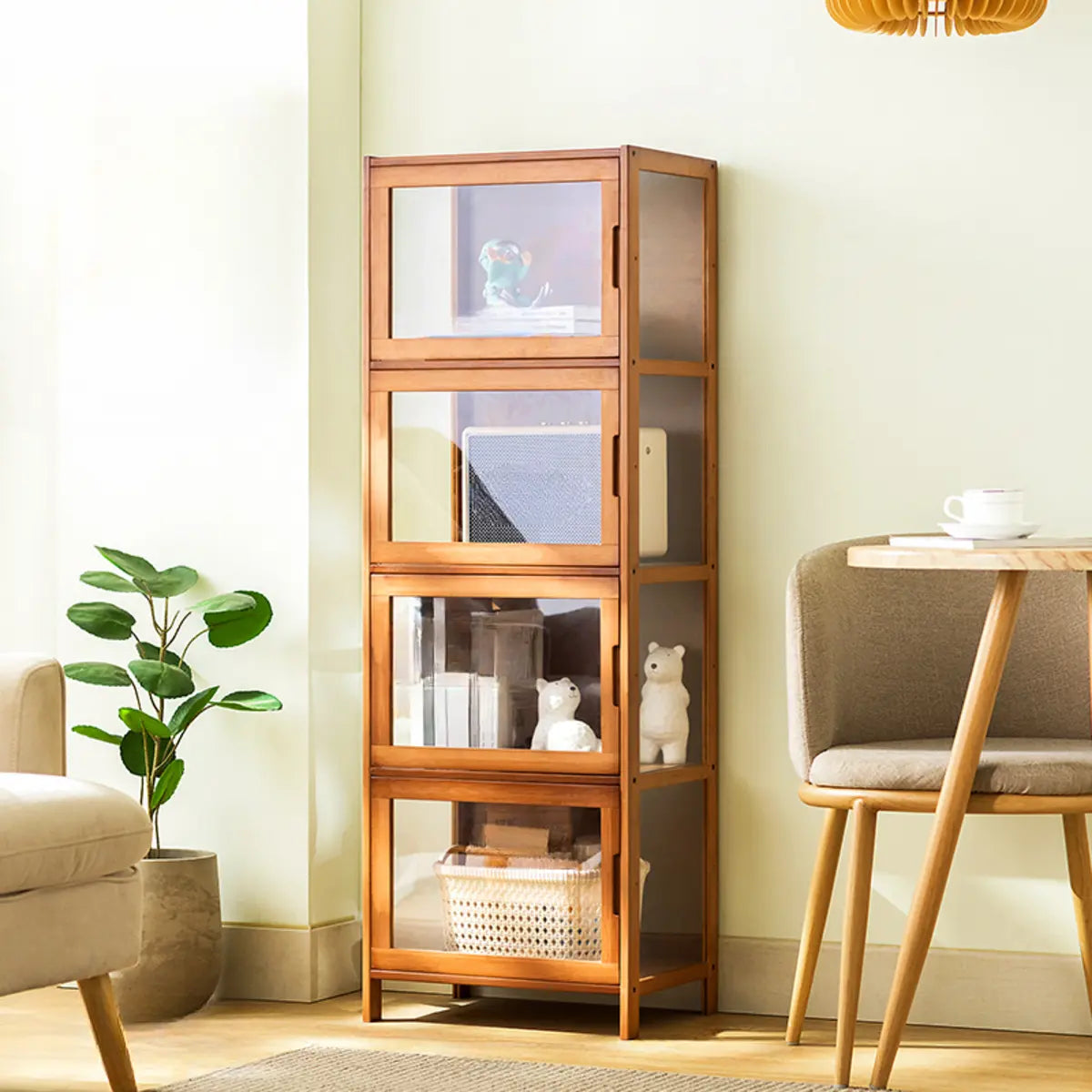 Modern Rectangular Glass Doors Bamboo Narrow Bookcase Image - 9
