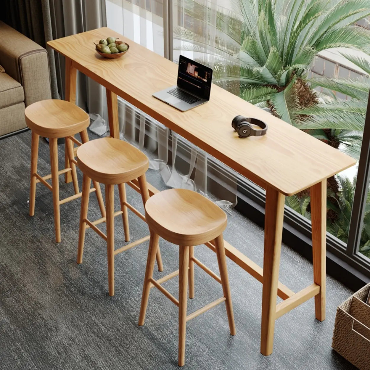 Modern Rectangular Natural Wood Bar Table With Footrest Image - 2