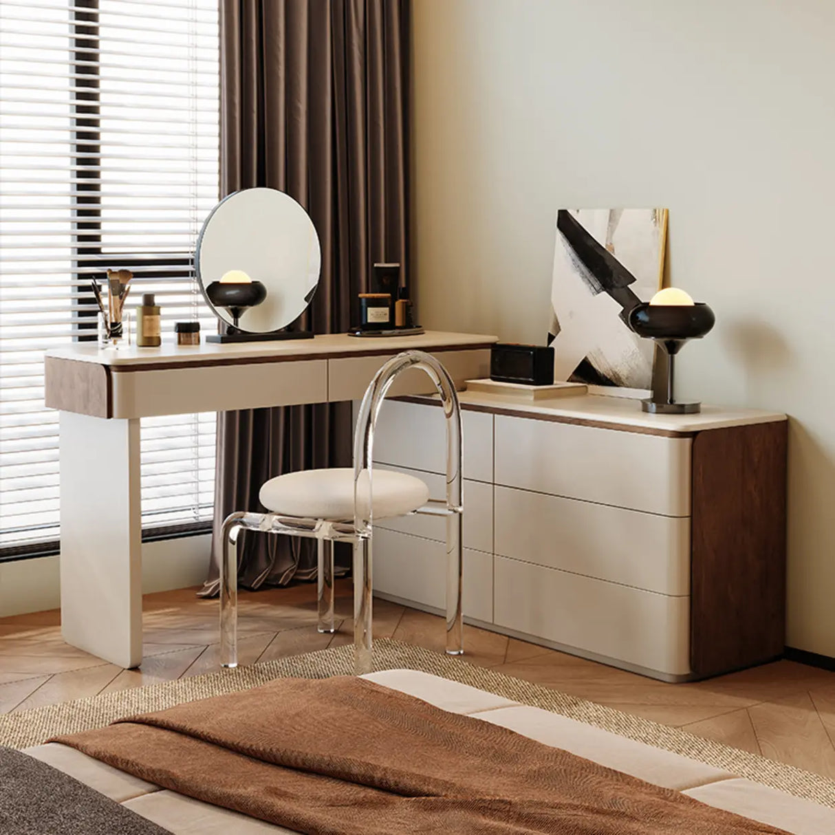 Modern Rectangular Polymer Bedroom Mirror Grey Makeup Vanity Image - 2