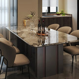 Modern Rectangular Stone Black Metal Pedestal Dining Table Image - 1