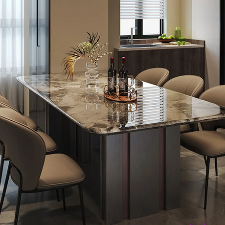 Modern Rectangular Stone Black Metal Pedestal Dining Table Image - 1