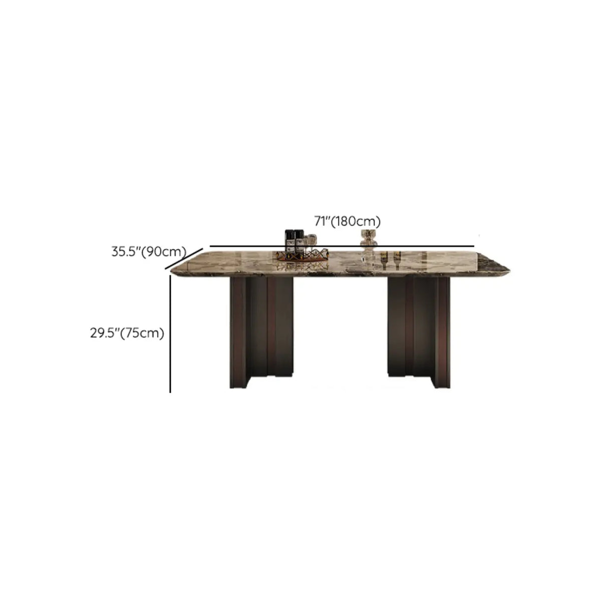 Modern Rectangular Stone Black Metal Pedestal Dining Table Image - 11
