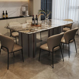 Modern Rectangular Stone Black Metal Pedestal Dining Table Image - 3