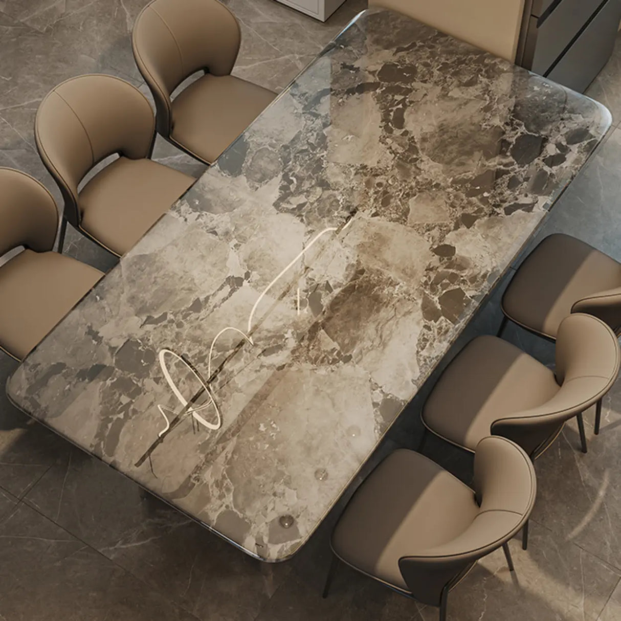 Modern Rectangular Stone Black Metal Pedestal Dining Table Image - 4