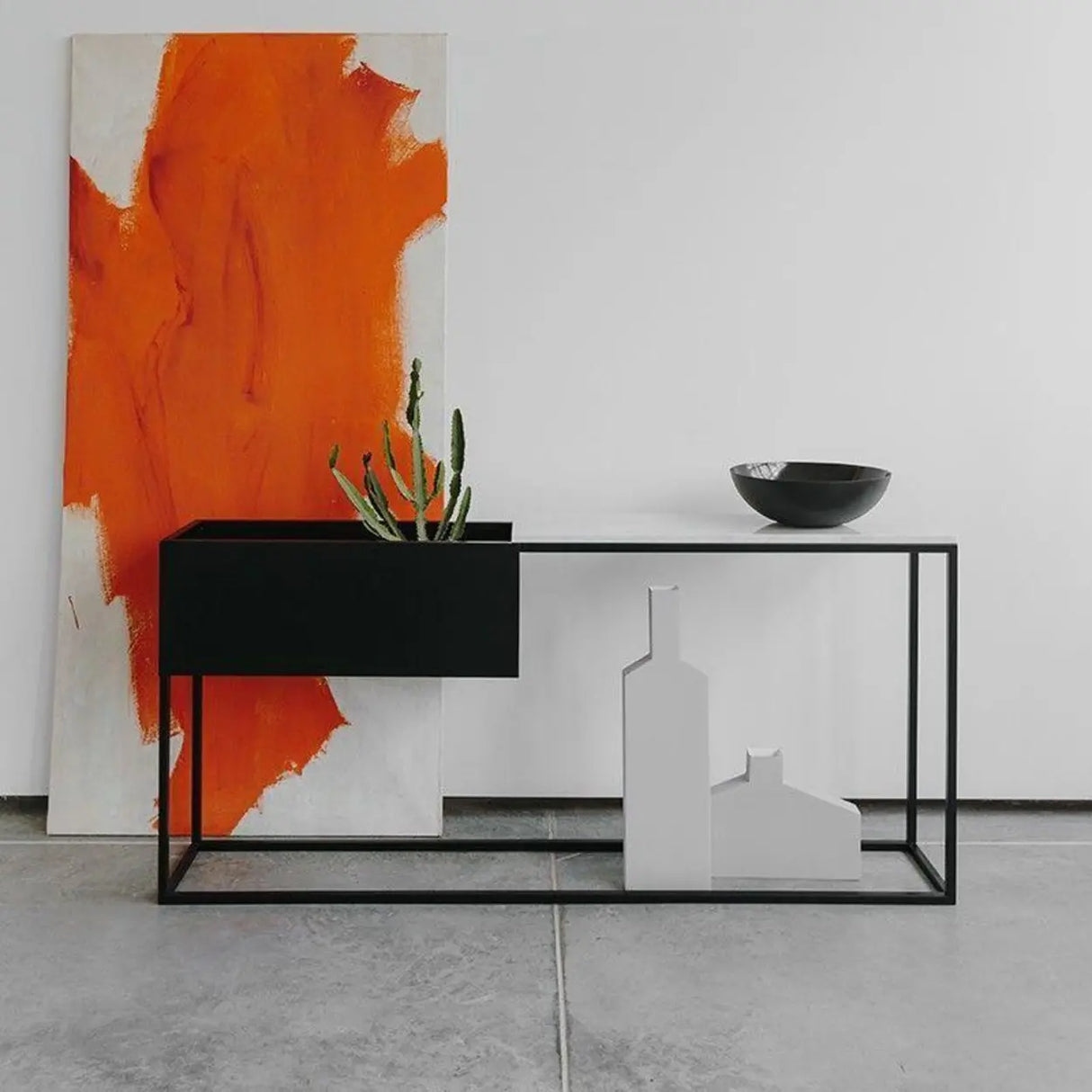 Modern Rectangular Stone Top Black Metal Console Table Image - 4
