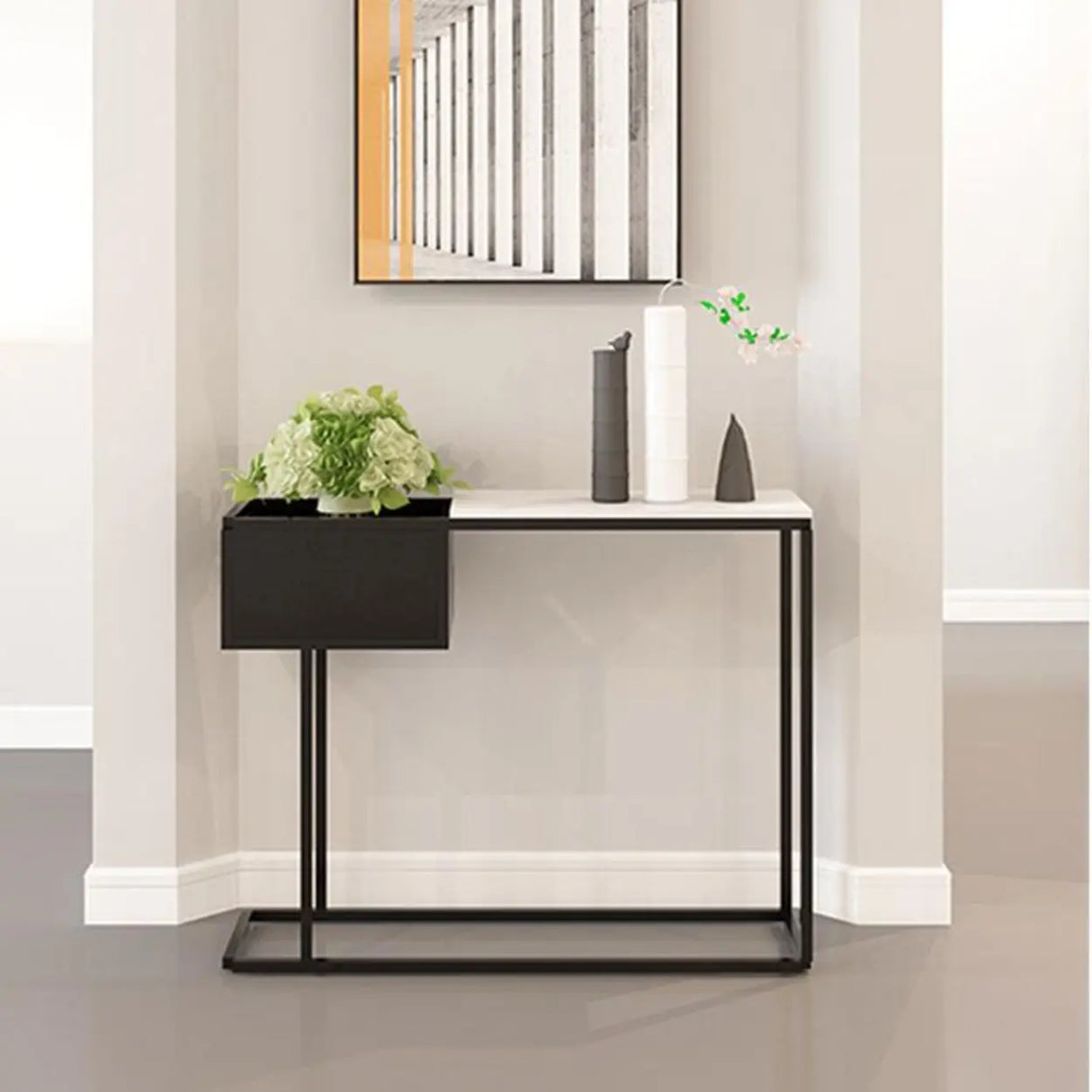 Modern Rectangular Stone Top Black Metal Console Table Image - 6