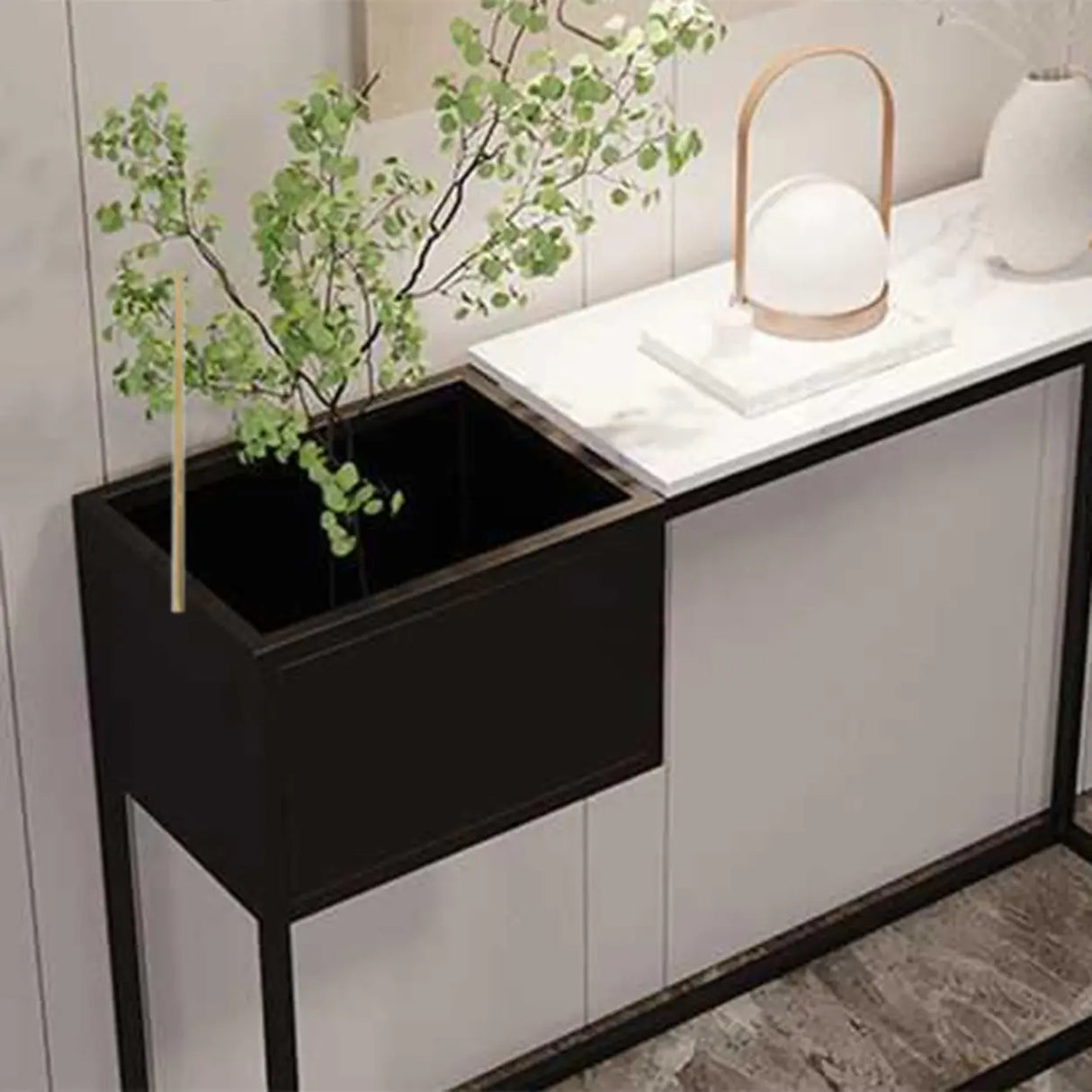Modern Rectangular Stone Top Black Metal Console Table Image - 8