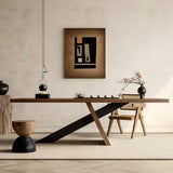 Modern Rectangular Walnut Solid Pine Dining Table with Iron Base Image - 1