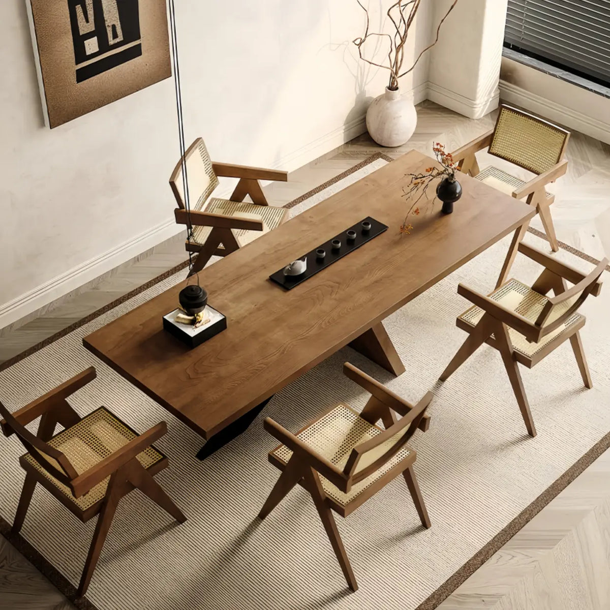 Modern Rectangular Walnut Solid Pine Dining Table with Iron Base Image - 3