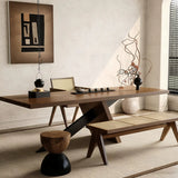 Modern Rectangular Walnut Solid Pine Dining Table with Iron Base Image - 4