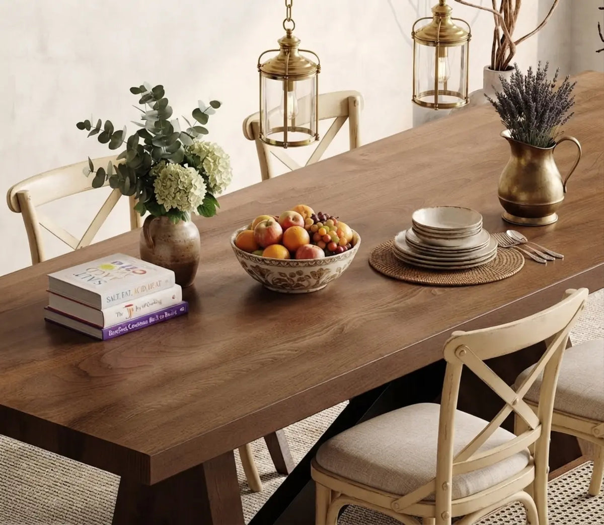 Modern Rectangular Walnut Solid Pine Dining Table with Iron Base Image - 6