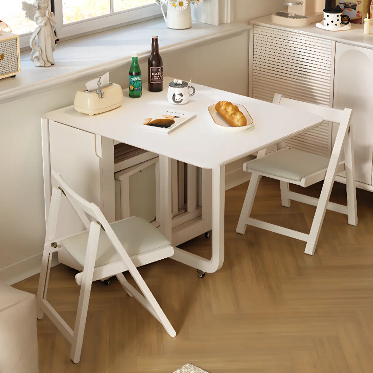 Modern Rectangular White Stone Dining Table Extendable Leaf Image - 4