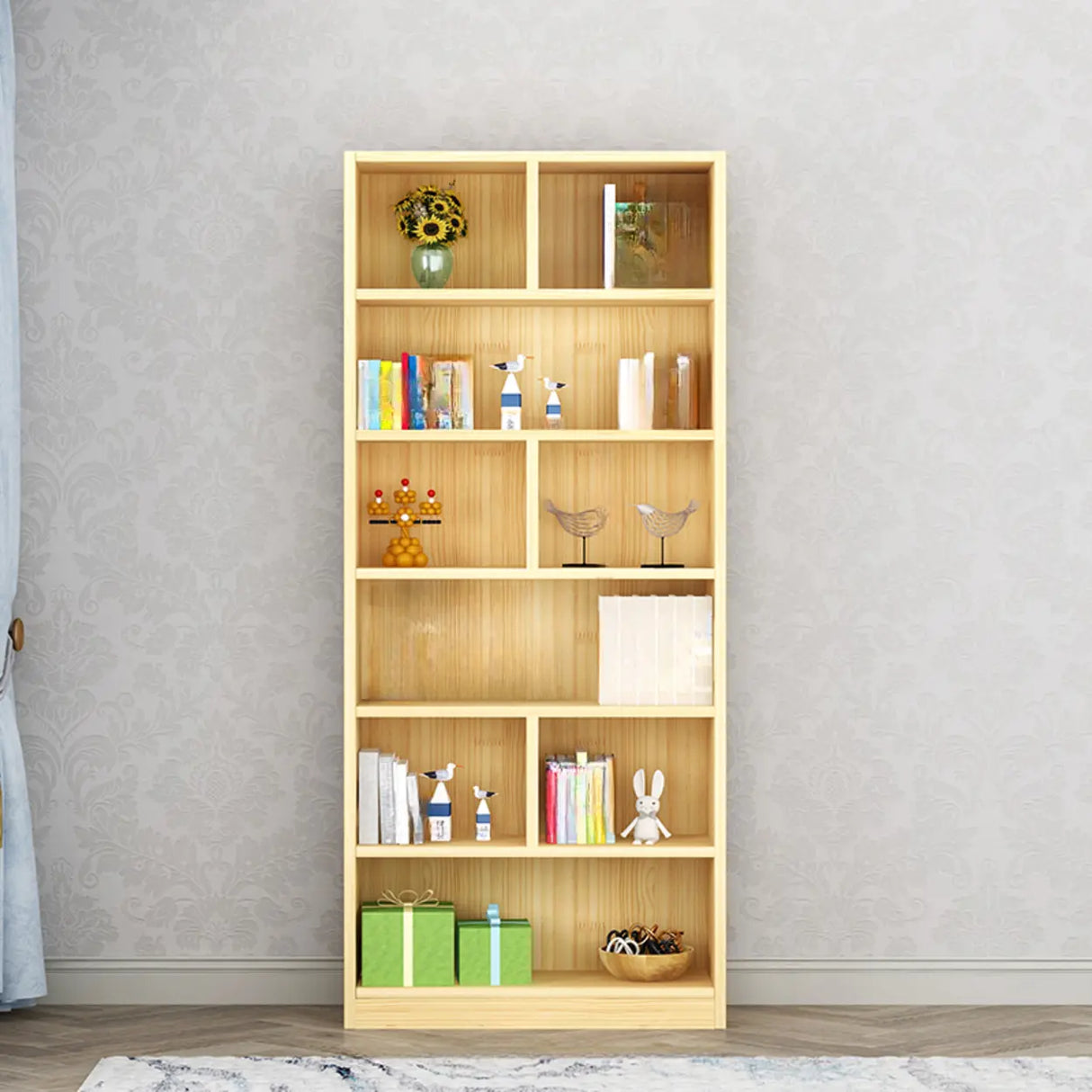 Modern Rectangular Wood Color Vertical Narrow Bookcase Image - 3