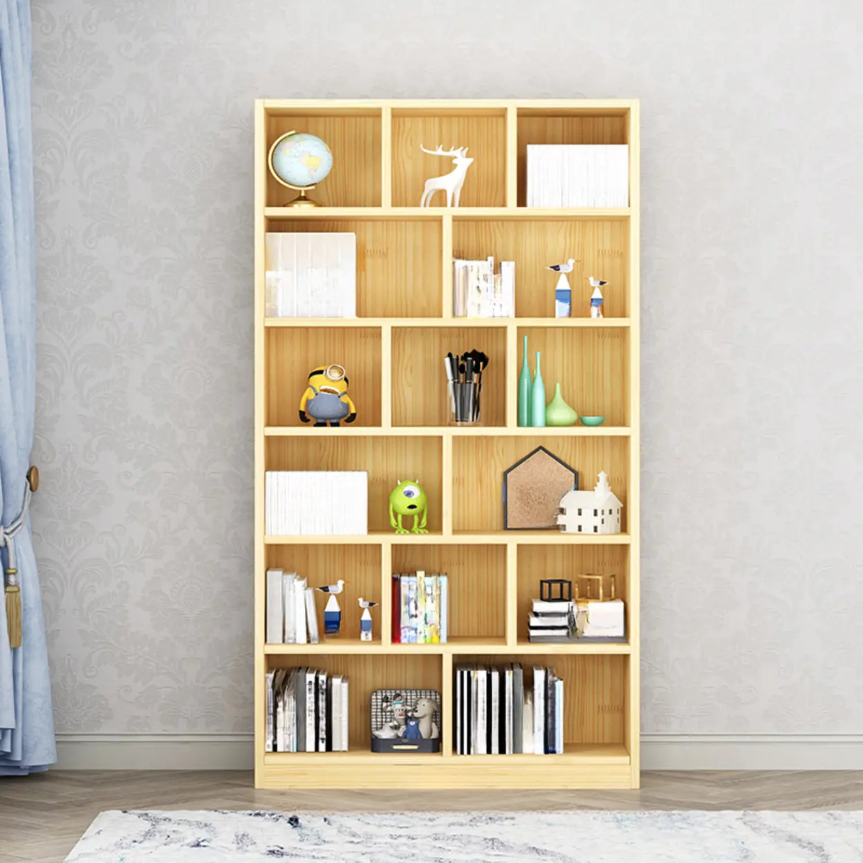 Modern Rectangular Wood Color Vertical Narrow Bookcase Image - 5