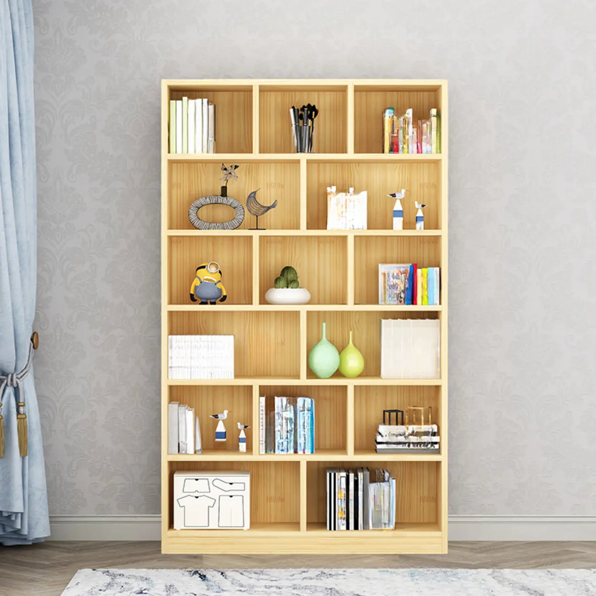Modern Rectangular Wood Color Vertical Narrow Bookcase Image - 7