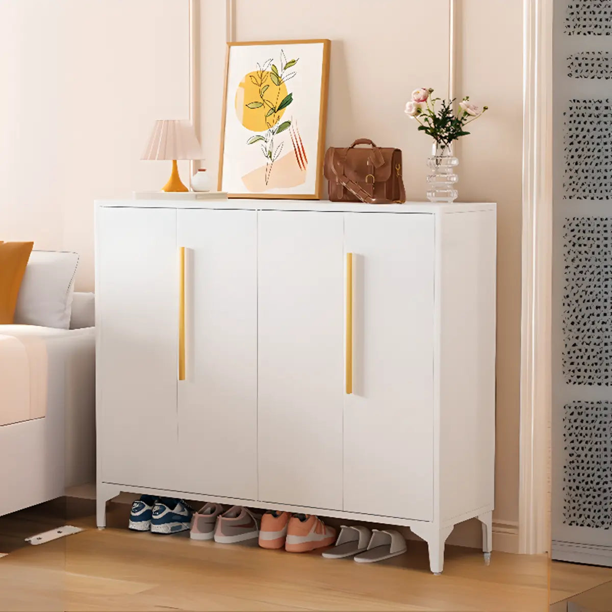 Modern Rectangular Wood Entry White Large Shoe Cabinet Image - 23