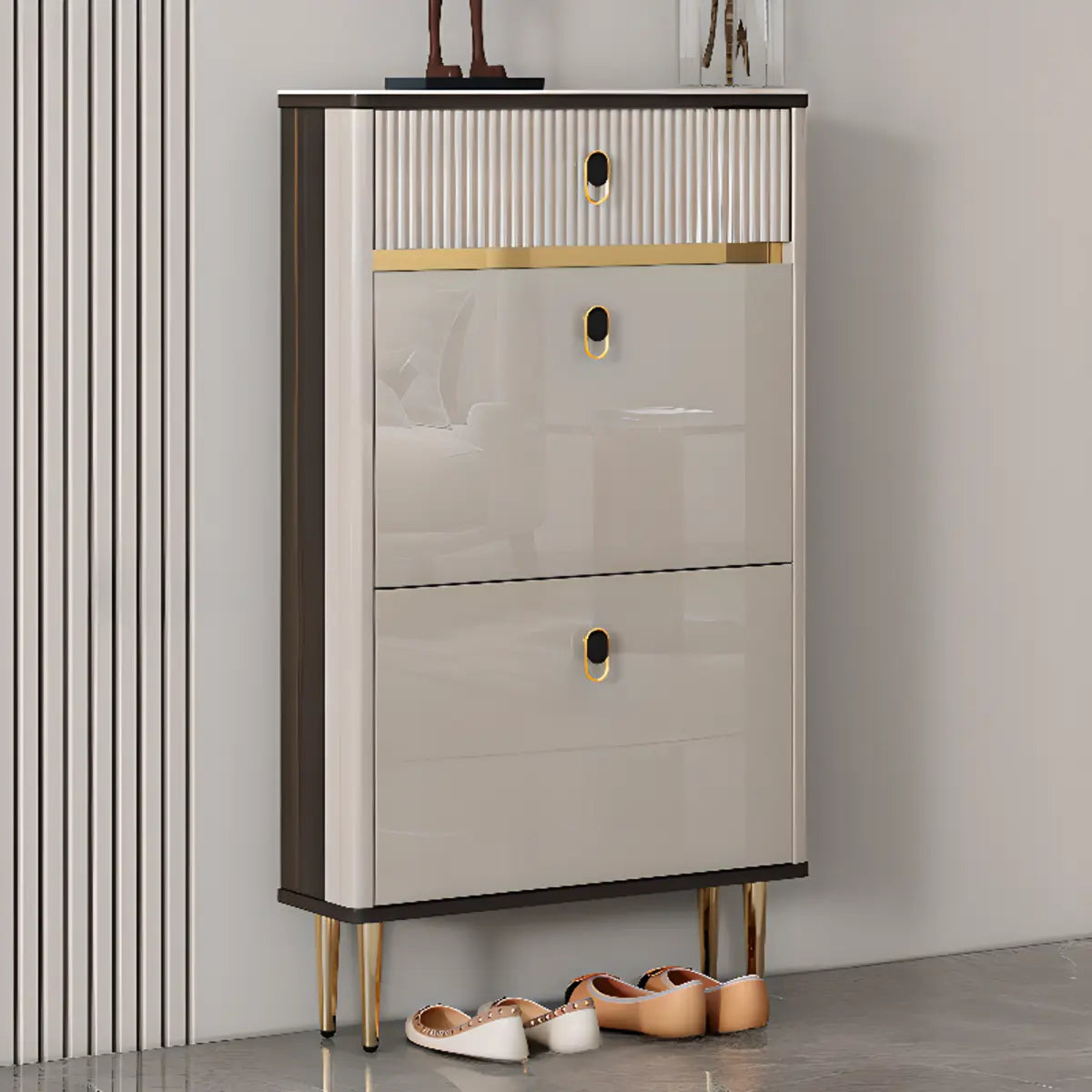 Modern Rectangular Wood Entry White Sliding Shoe Cabinet Image - 2