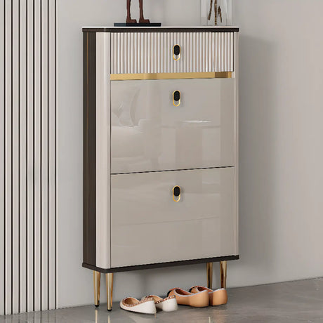 Modern Rectangular Wood Entry White Sliding Shoe Cabinet Image - 2