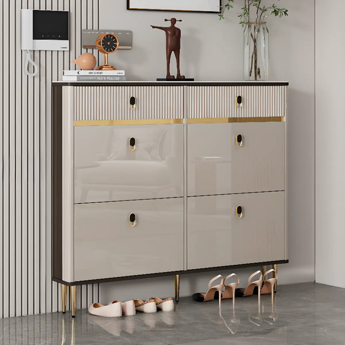 Modern Rectangular Wood Entry White Sliding Shoe Cabinet Image - 5
