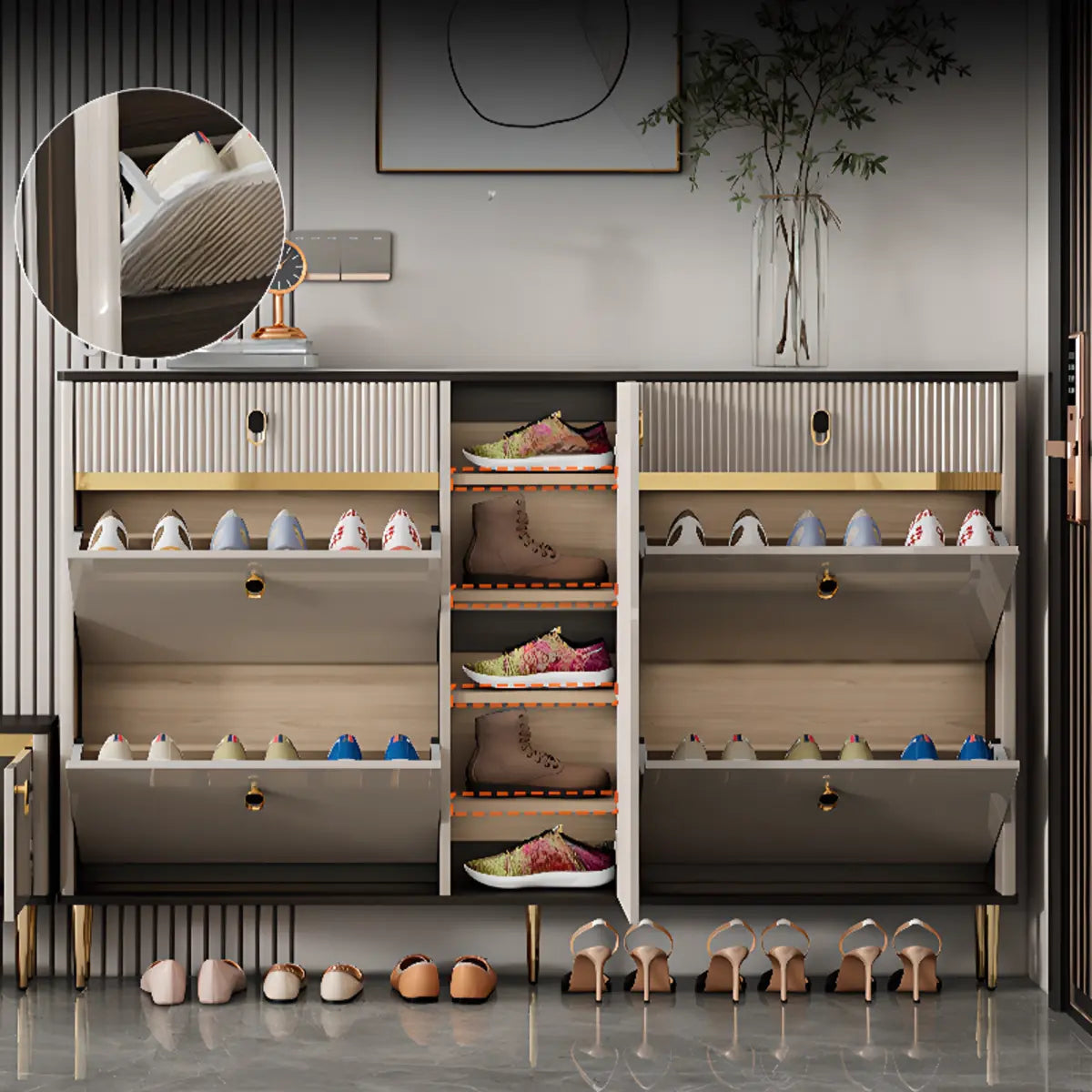 Modern Rectangular Wood Entry White Sliding Shoe Cabinet Image - 6