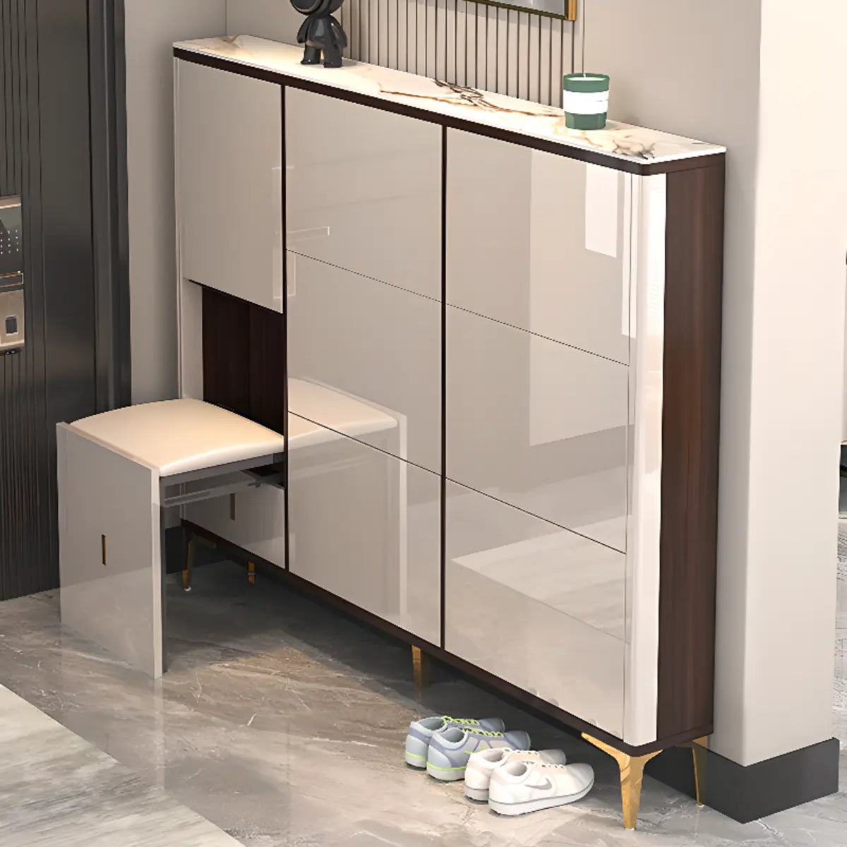Modern Rectangular Wood Entryway Cream Large Shoe Cabinet Image - 21