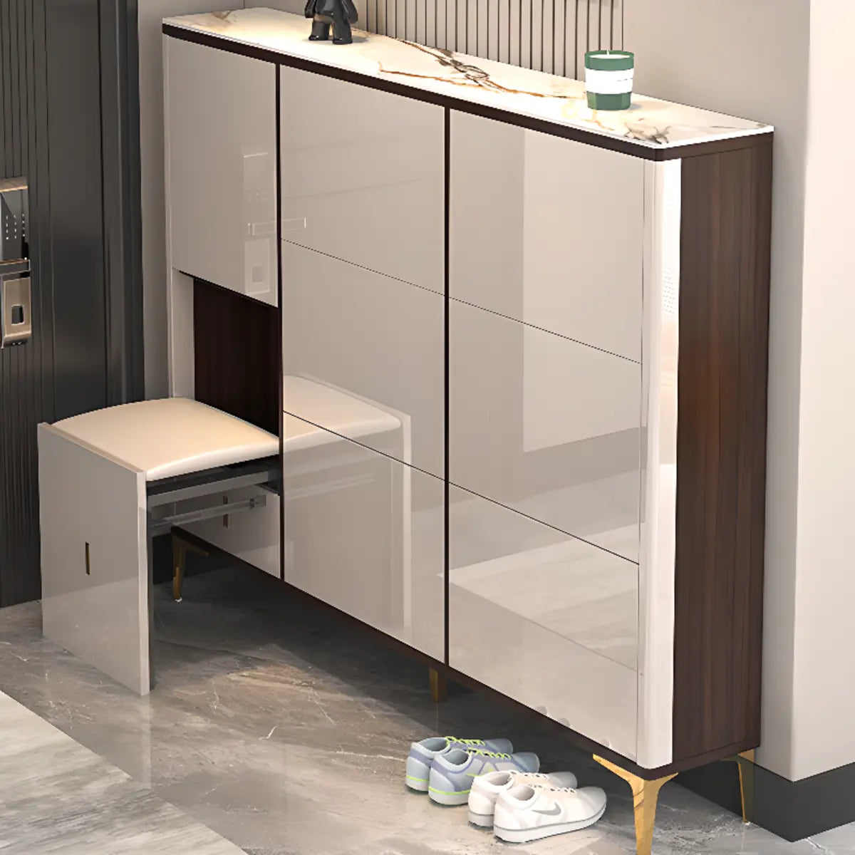 Modern Rectangular Wood Entryway Cream Large Shoe Cabinet Image - 24