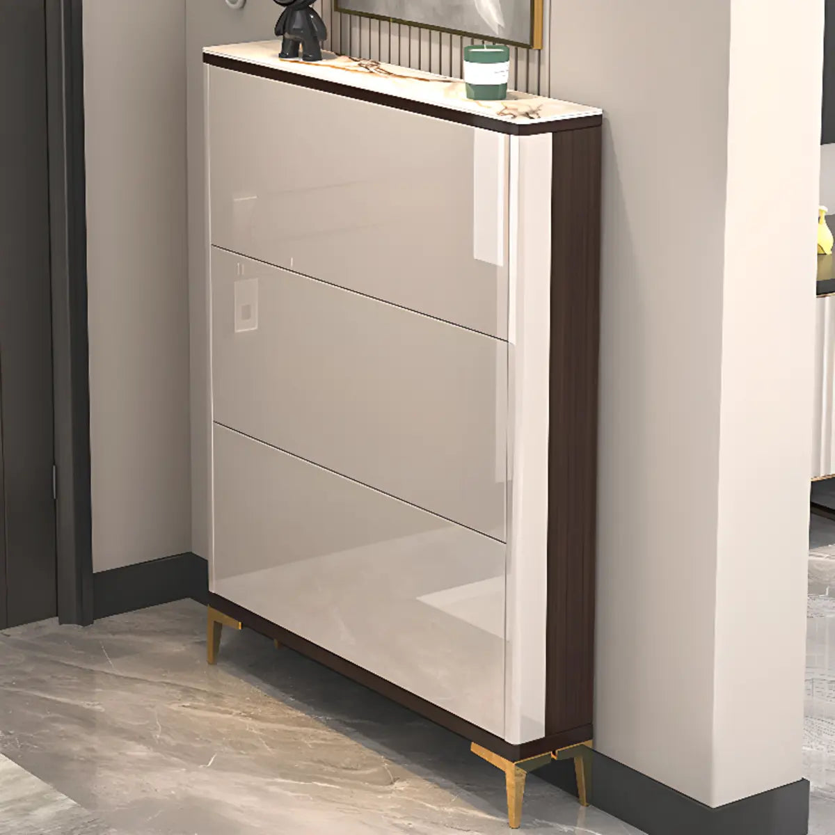 Modern Rectangular Wood Entryway Cream Large Shoe Cabinet Image - 9