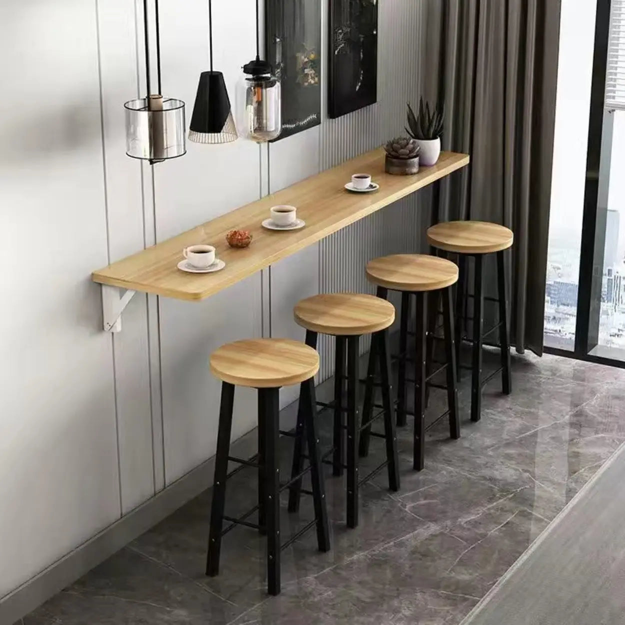 Modern Rectangular Wood Floating Wall-Mounted Bar Table Image - 1