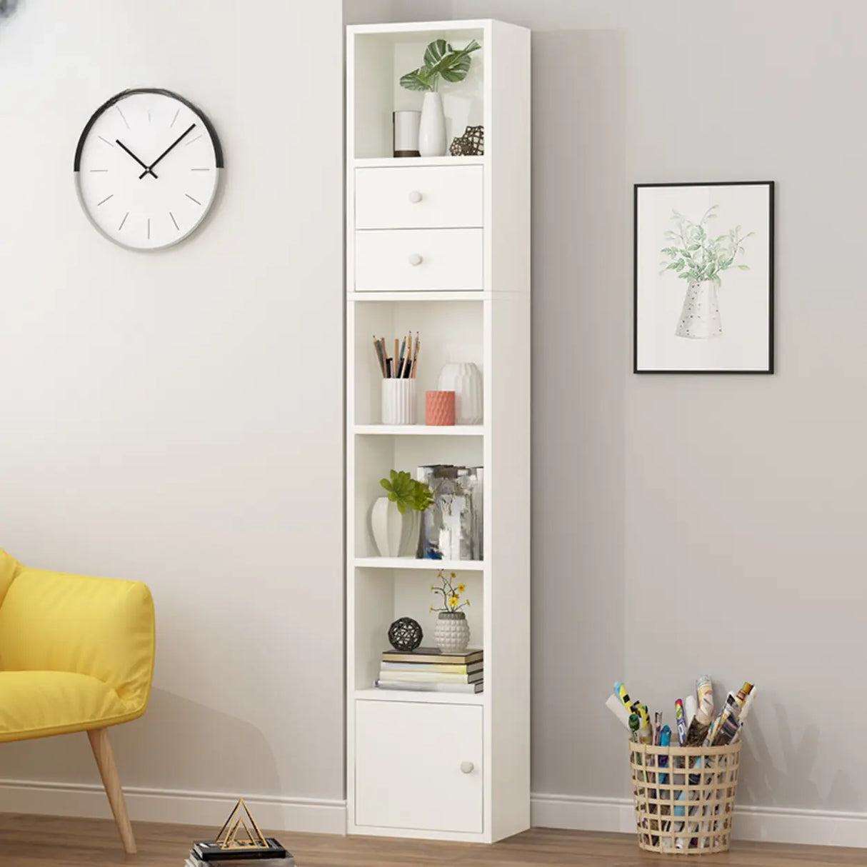 Modern Rectangular Wood Narrow Display Bookcase White Image - 1