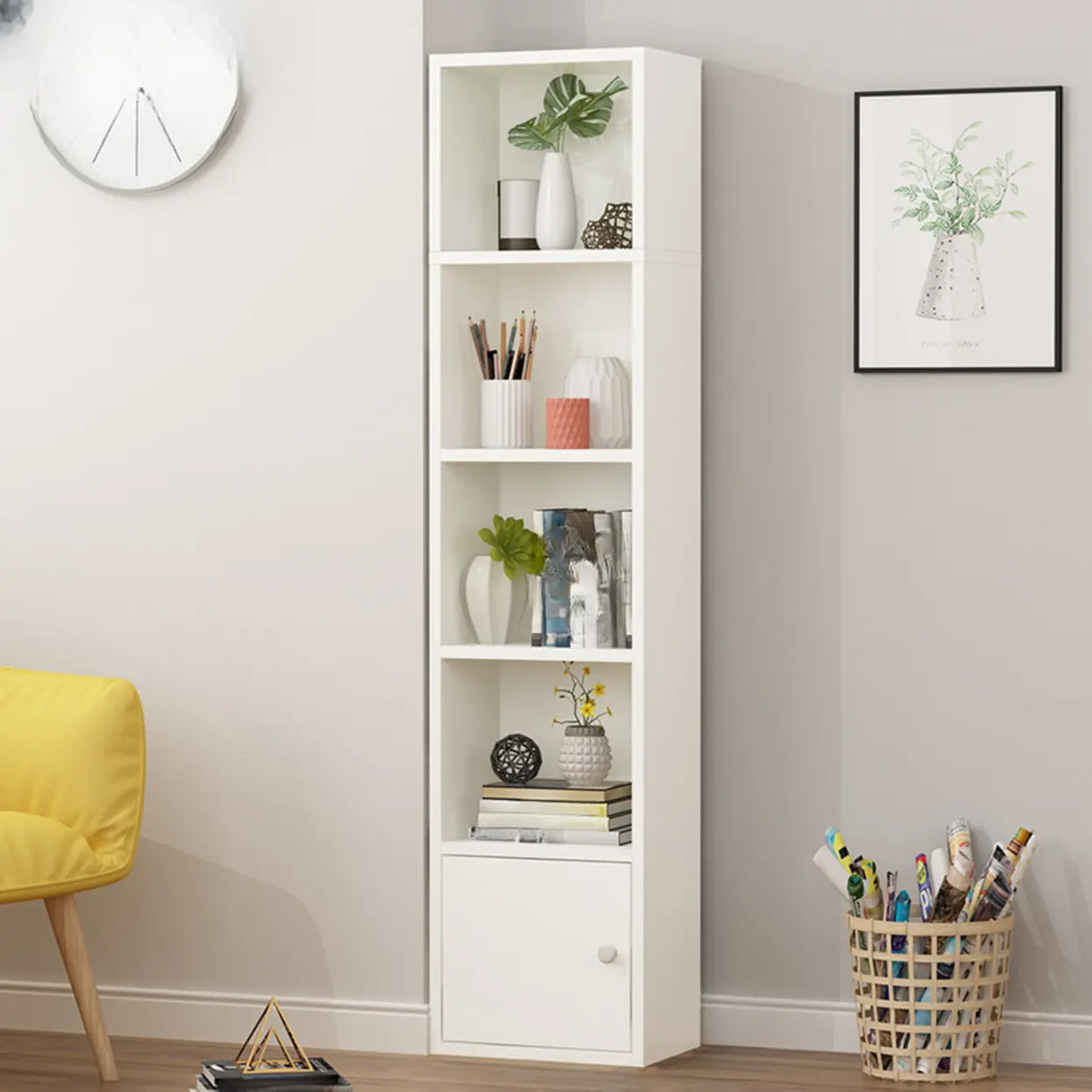 Modern Rectangular Wood Narrow Display Bookcase White Image - 13