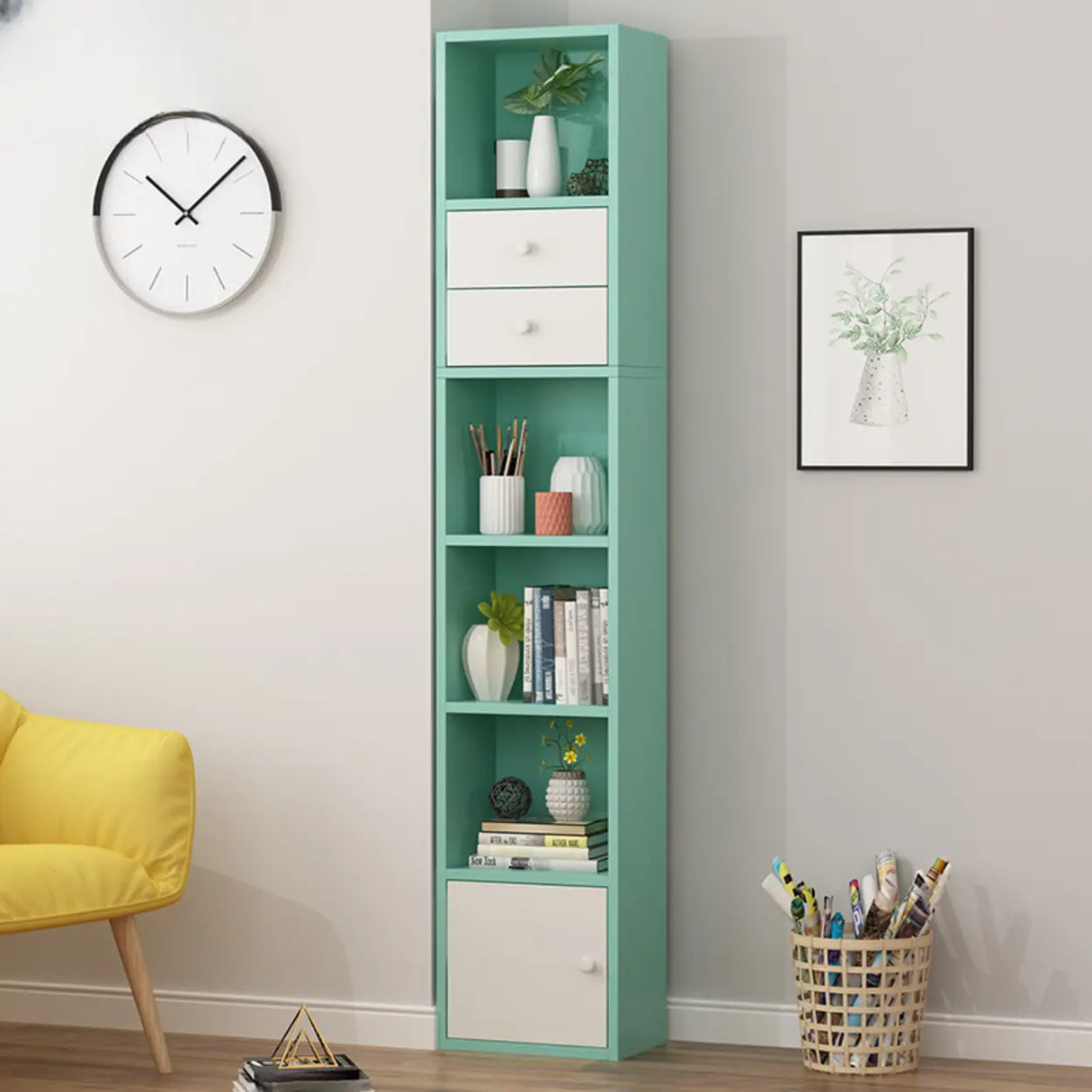 Modern Rectangular Wood Narrow Display Bookcase White Image - 18