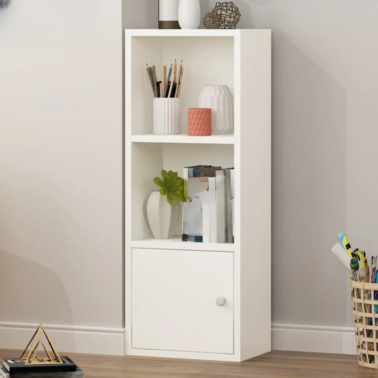 Modern Rectangular Wood Narrow Display Bookcase White Image - 2