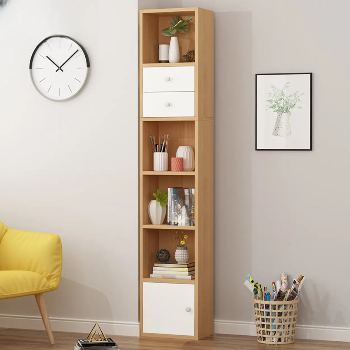 Modern Rectangular Wood Narrow Display Bookcase White Image - 22