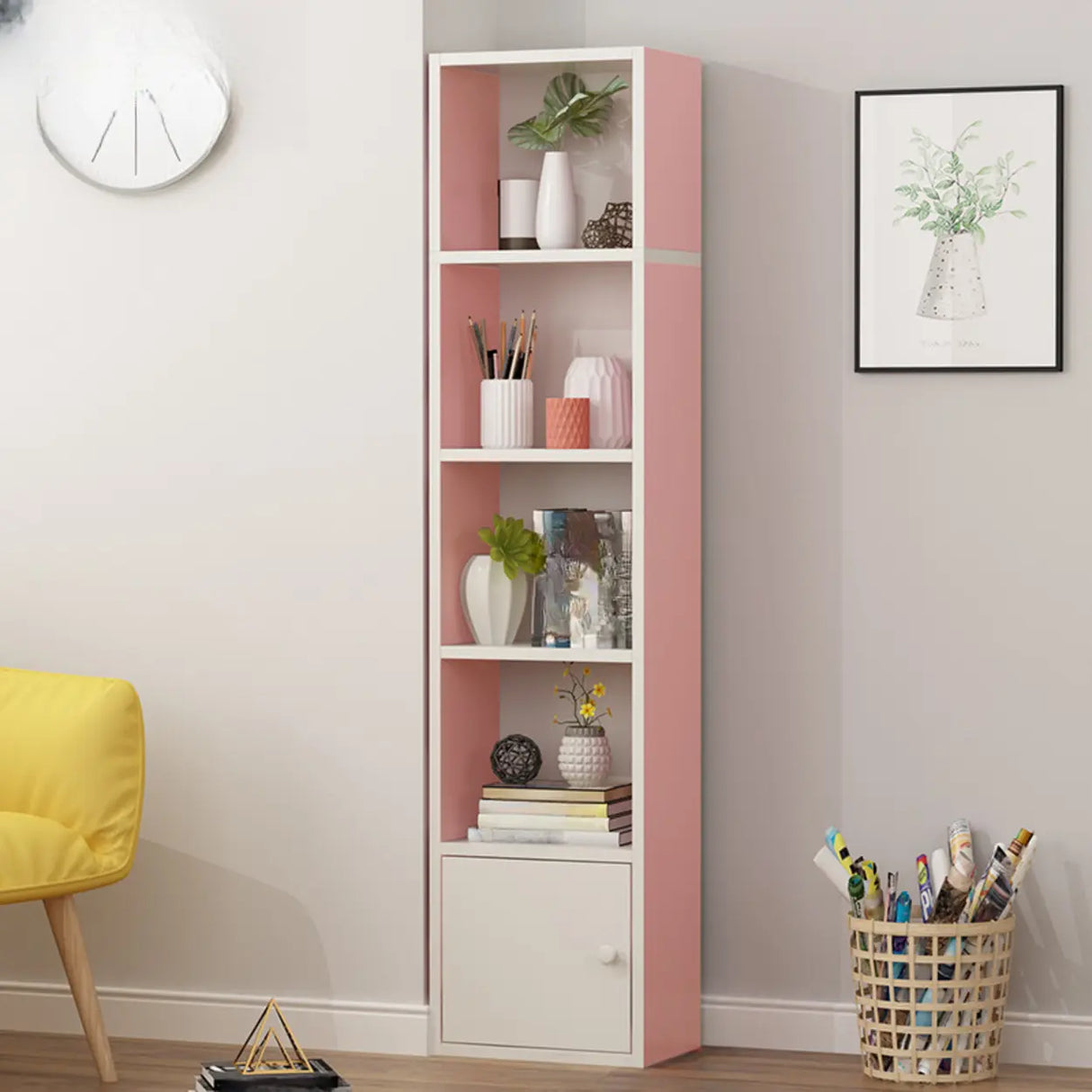 Modern Rectangular Wood Narrow Display Bookcase White Image - 23