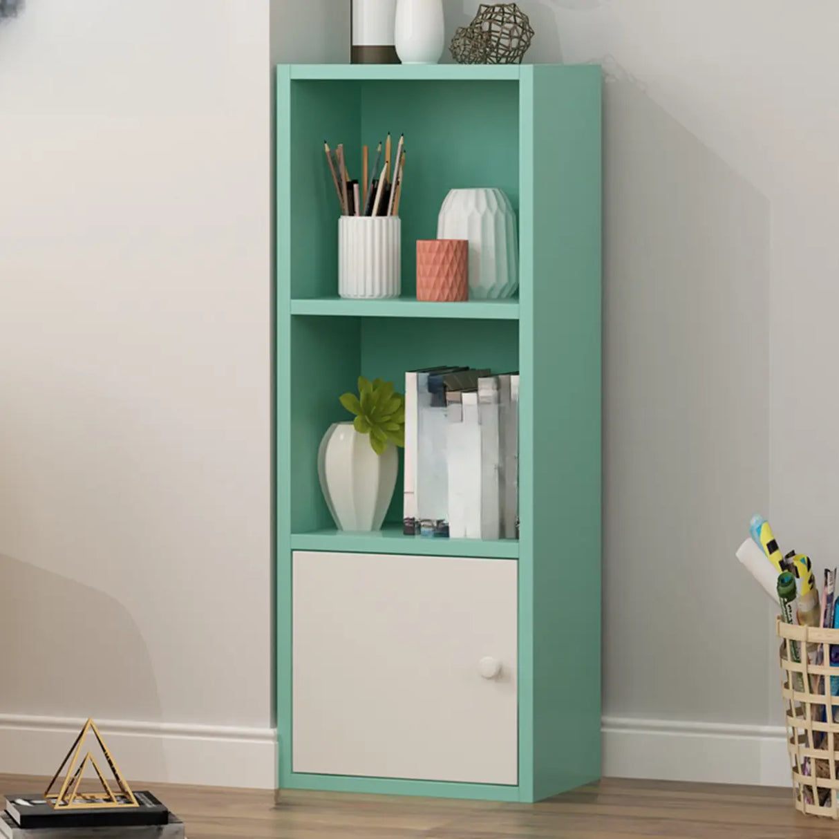 Modern Rectangular Wood Narrow Display Bookcase White Image - 3