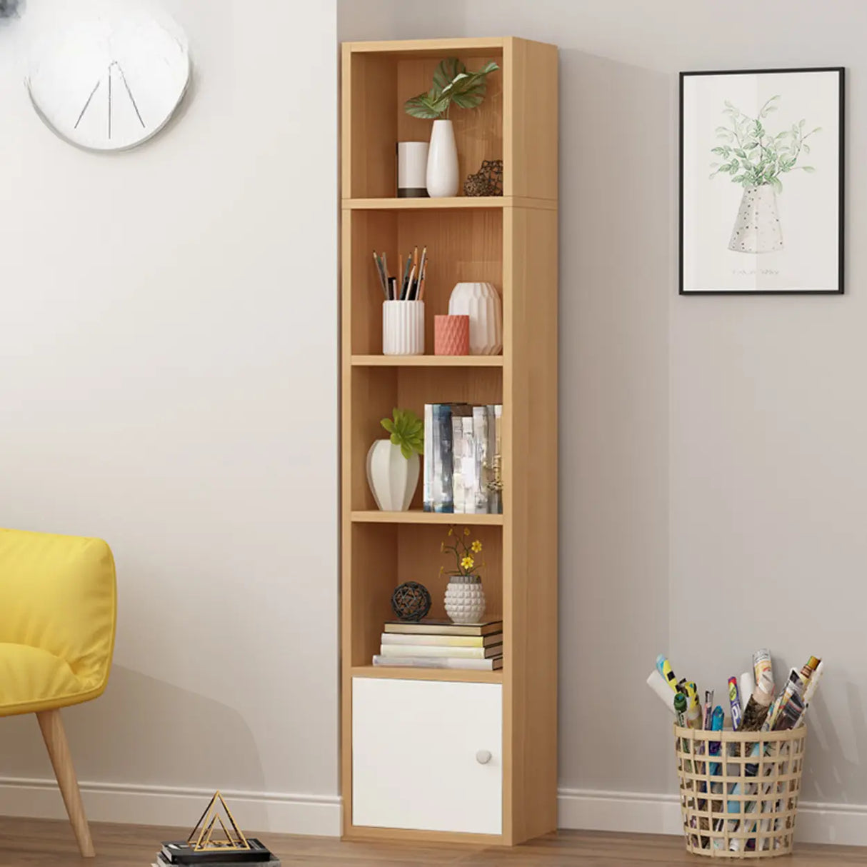 Modern Rectangular Wood Narrow Display Bookcase White Image - 4