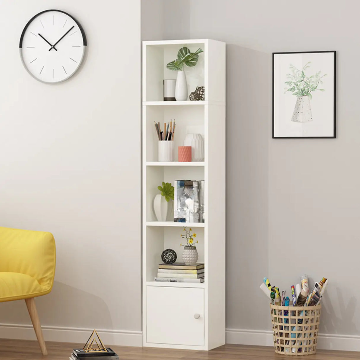 Modern Rectangular Wood Narrow Display Bookcase White Image - 5
