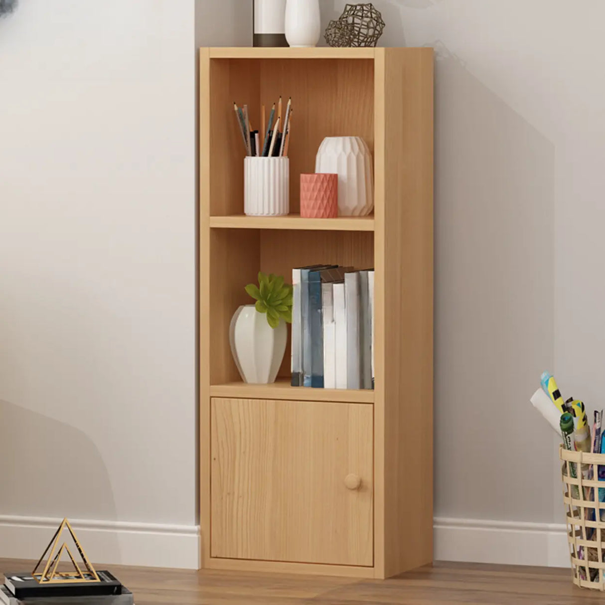 Modern Rectangular Wood Narrow Display Bookcase White Image - 6