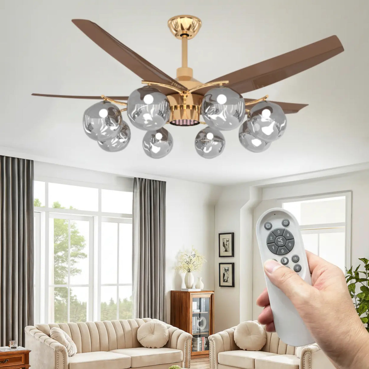 Modern Remote Control 8-Light Globe Ceiling Fan Light Image - 7