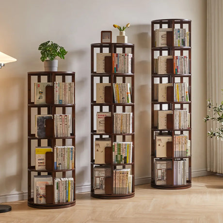 Modern Revolver Rotatable Tower Open Wooden Bookcase Image - 1