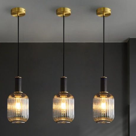 Modern Ribbed Clear Glass Cylinder Pendant Light Image - 1
