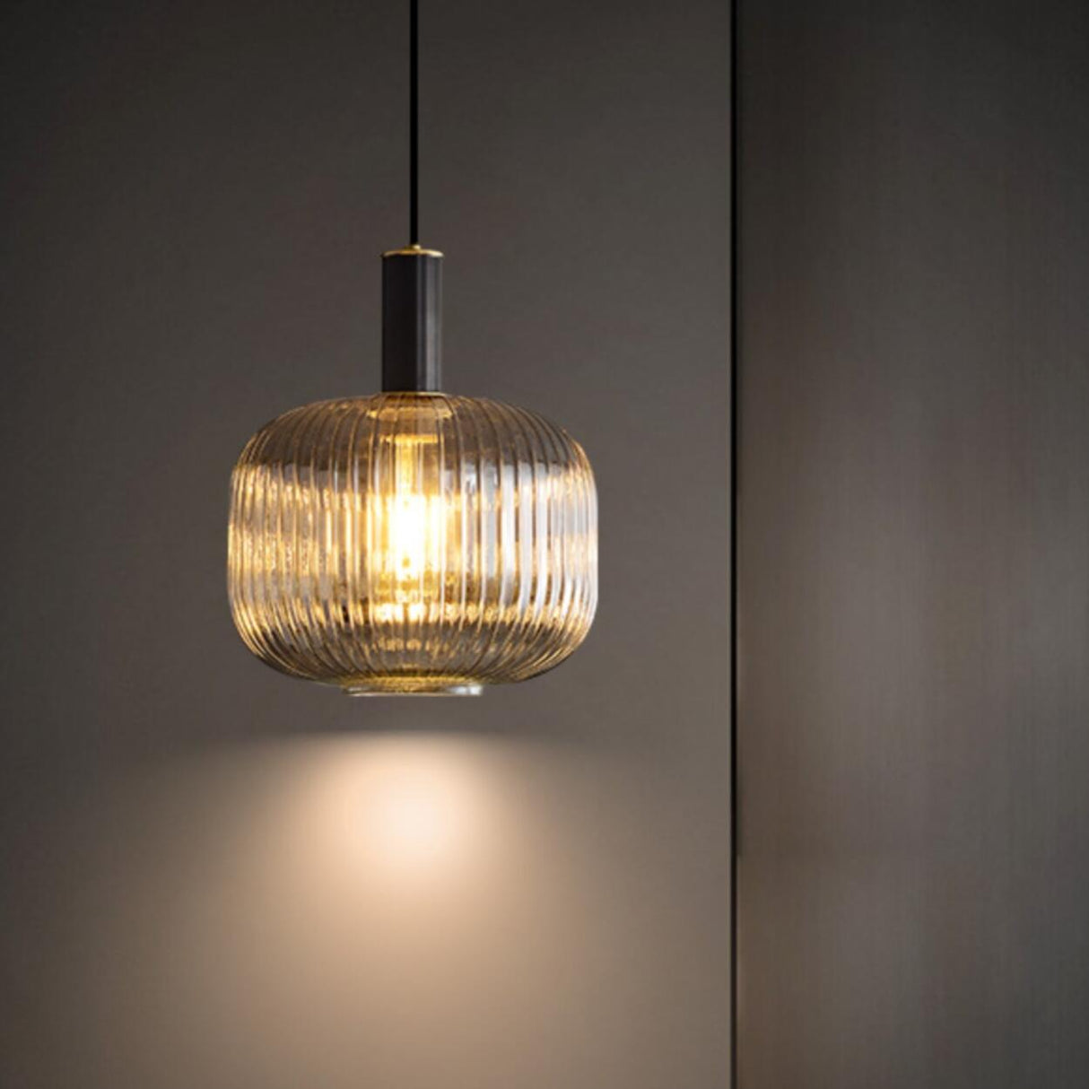 Modern Ribbed Clear Glass Cylinder Pendant Light Image - 4