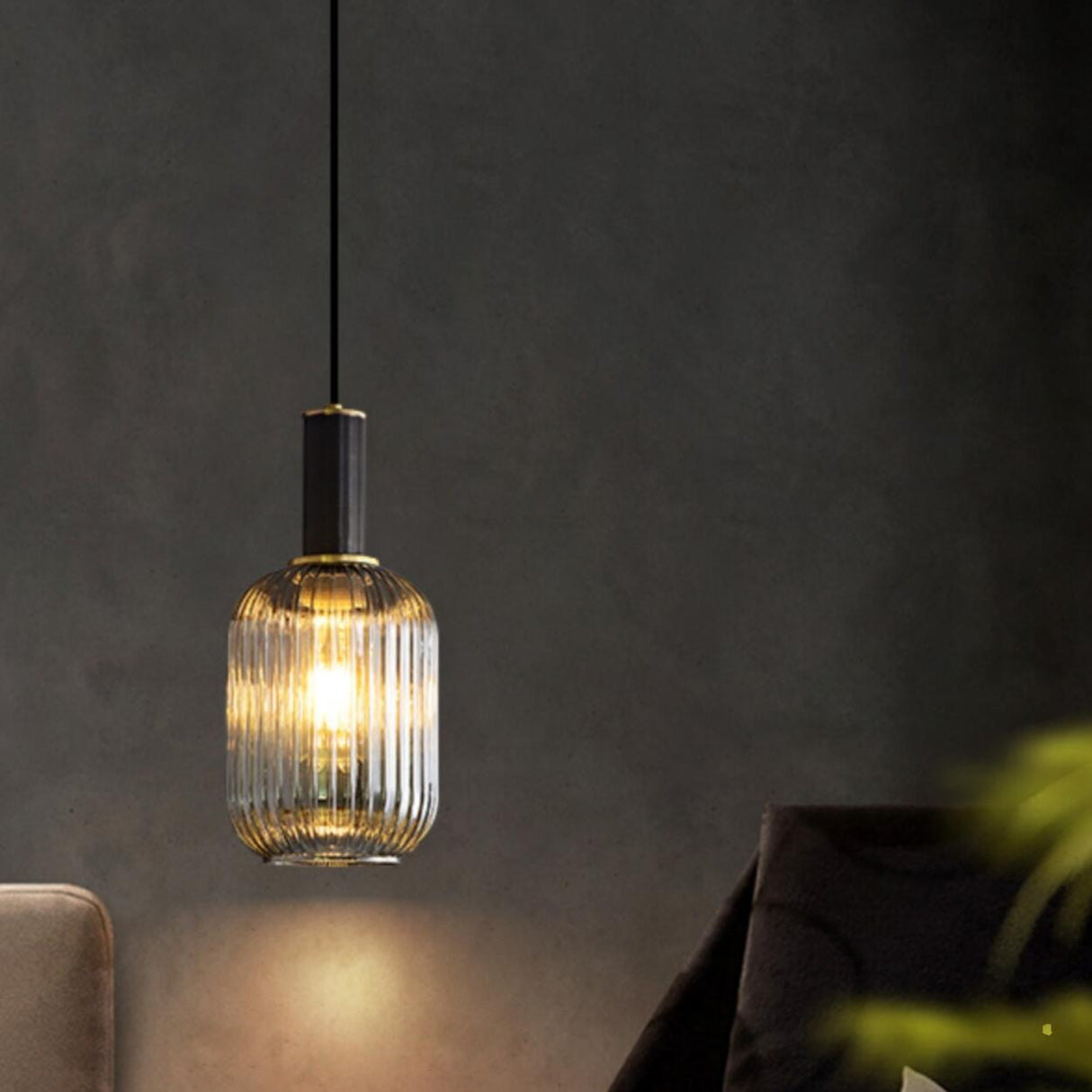 Modern Ribbed Clear Glass Cylinder Pendant Light Image - 6