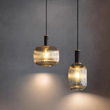 Modern Ribbed Clear Glass Cylinder Pendant Light Image - 8