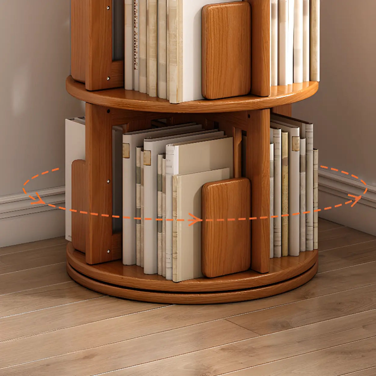 Modern Rotatable Revolver Round Wood Narrow Bookcase Image - 11